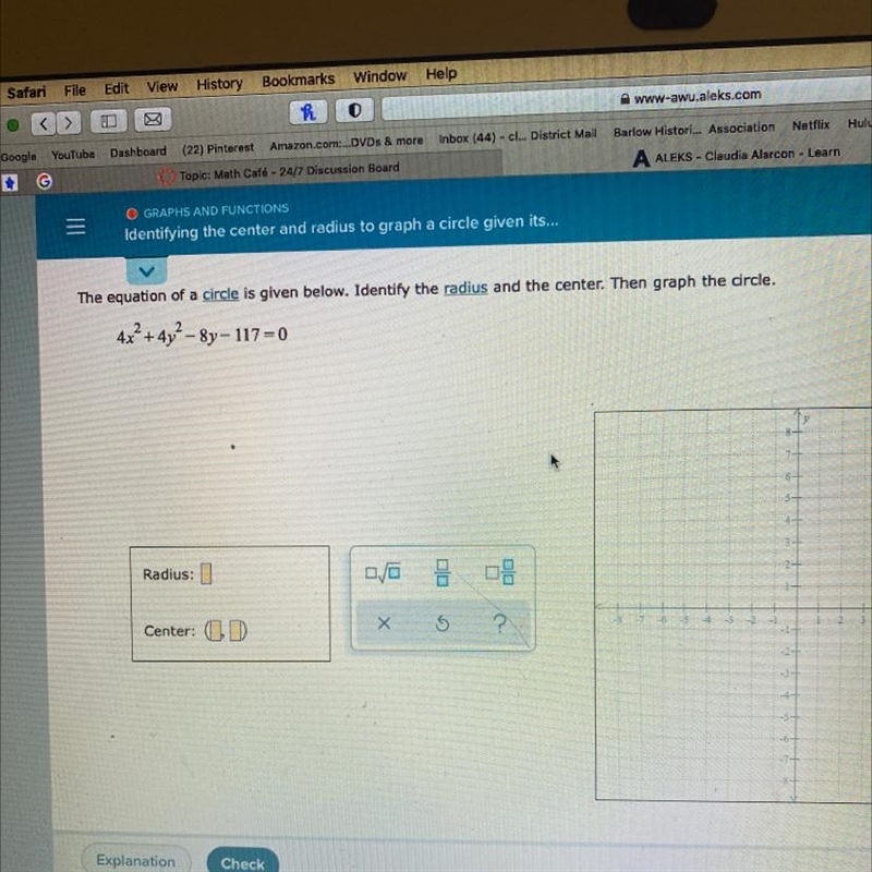 The equation of a circle is given below. Identify the radius and the center. Then-example-1