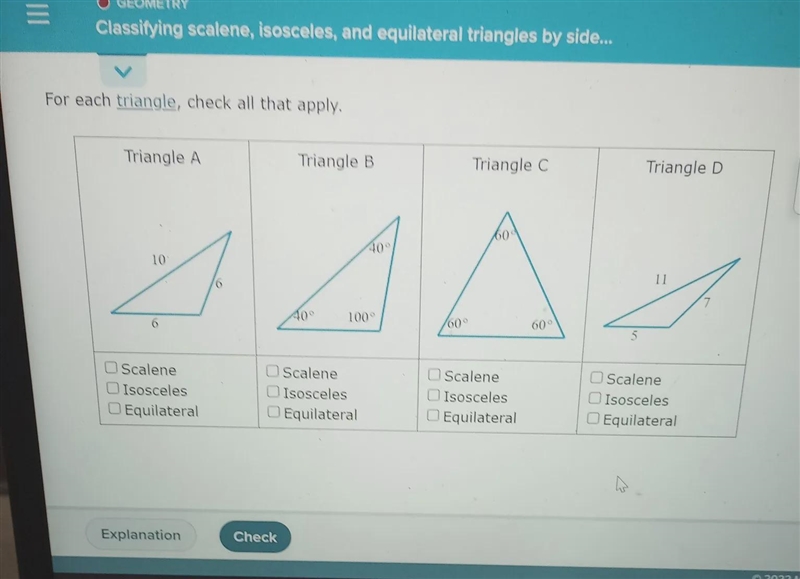 ||| Classifying scalene, isosceles, and equilateral triangles by side... For each-example-1