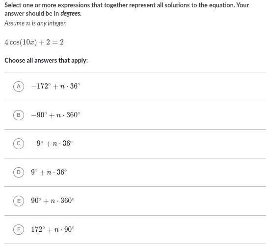 Select one or more expressions that together represent all solutions to the equation-example-1