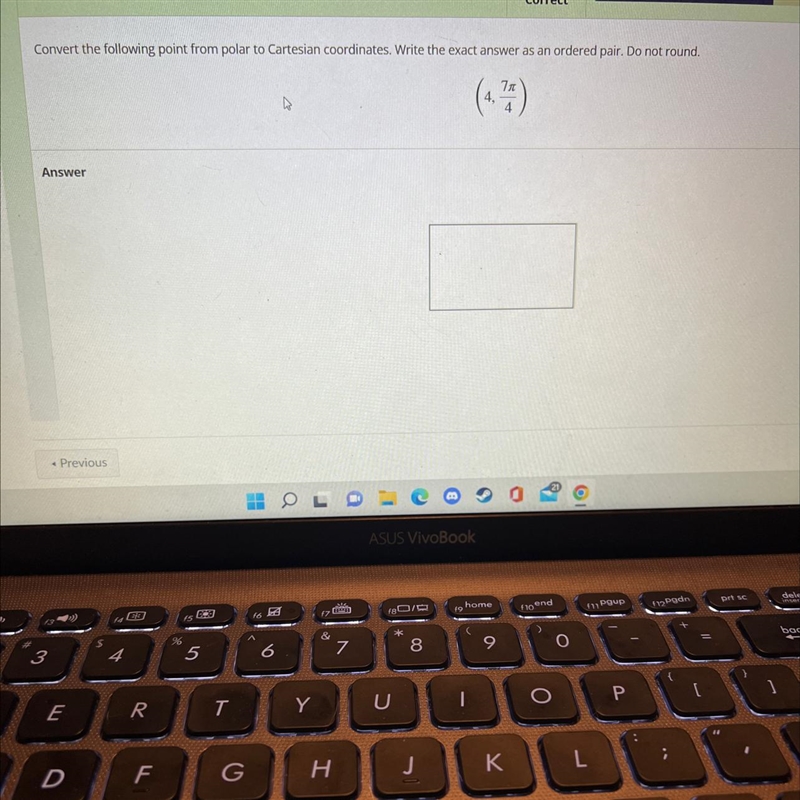 Convert the following point from polar to Cartesian coordinates. Write the exact answer-example-1