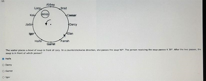 The waiter places a bowl of soup in front of Lacy. In a counterclockwise direction-example-1