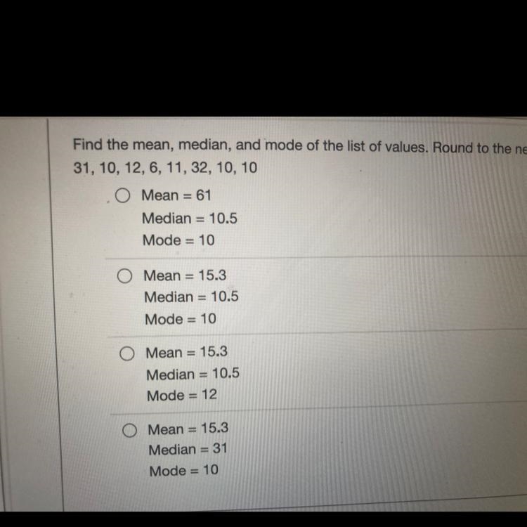 Find the mean, median, and mode of the list of values. Round to the nearest tenth-example-1