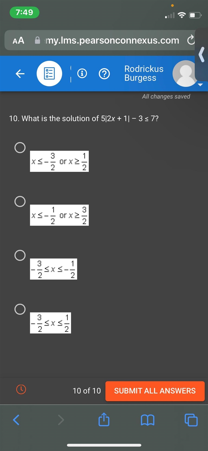 What is the solution of 5|2x + 1| – 3 ≤ 7?-example-1