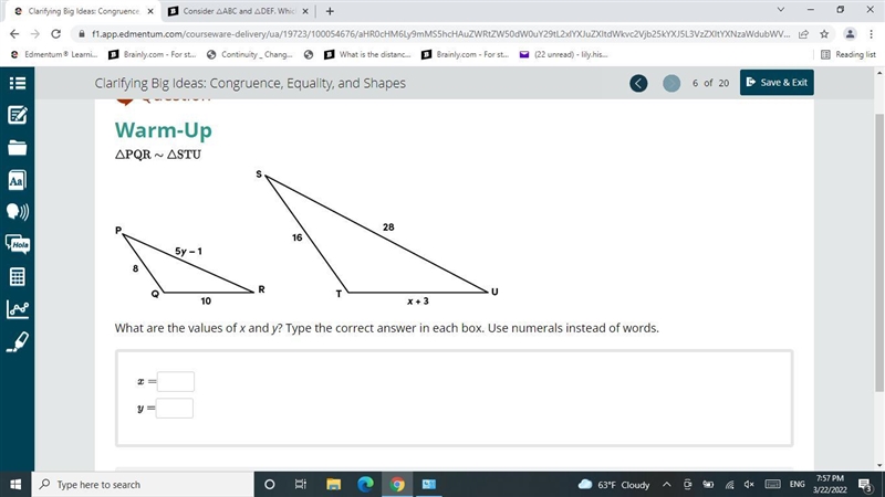 What are the values of x and y? Type the correct answer in each box. Use numerals-example-1