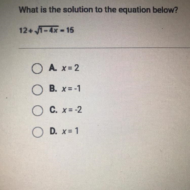 What is the solution to the equation below. 12 + square root 1 - 4x = 15-example-1