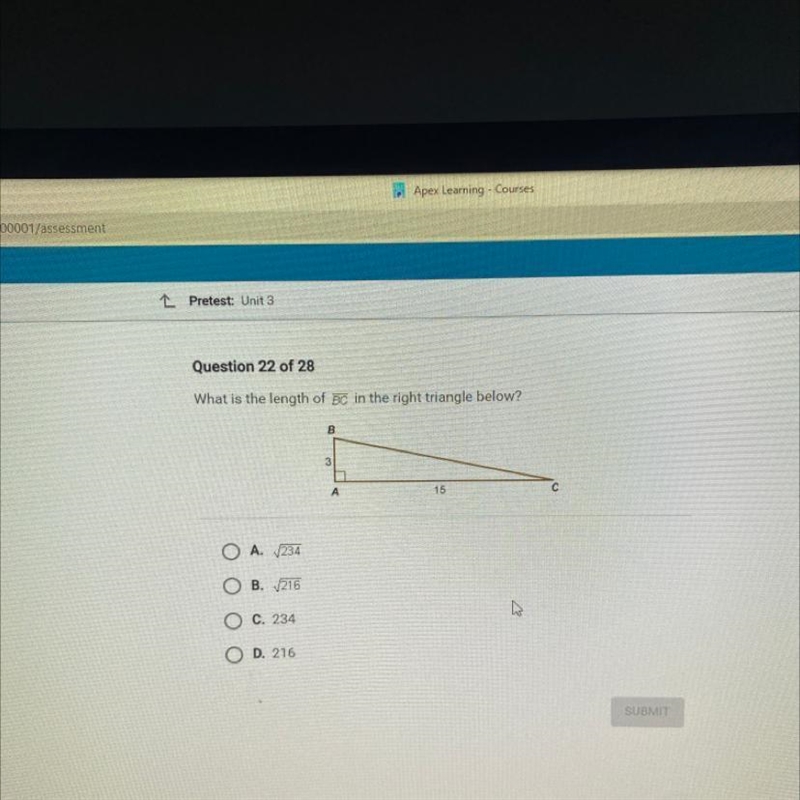 What is the length of BC in the right triangle below? B 3 A 15 C-example-1