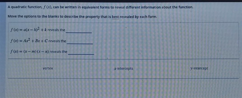 A quadratic function, f (x), can be written in equivalent forms to reveal different-example-1