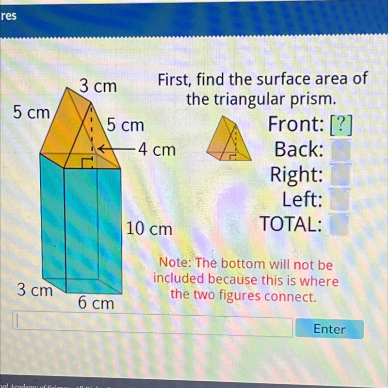 First find the surface area of the triangular prism-example-1