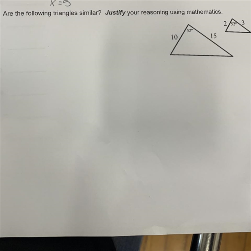 Are the following triangles similar? Justify your reasoning using mathematics.-example-1