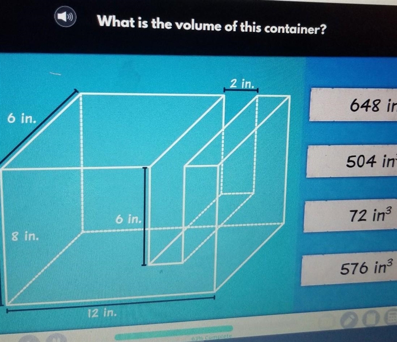 What is the volume of this container? 2 in. 648 in3 6 in. 504 in3 6 in. 72 in 8 in-example-1