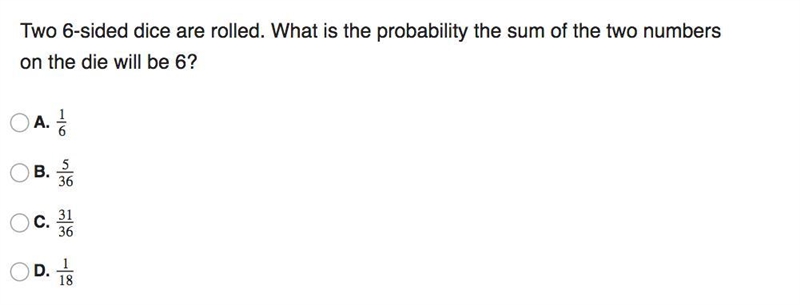 Two 6-sided dice are rolled. What is the probability the sum of the two numbers on-example-1