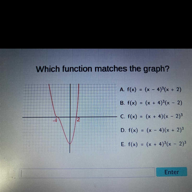 Which function matches the graph?A. f(x) = (x-4)³(x + 2)B. f(x) =(x + 4)³(x - 2)C-example-1