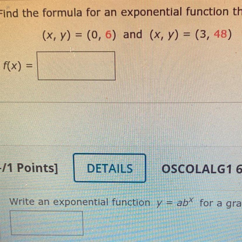 Find the formula for an exponential function that passes through the 2 points given-example-1