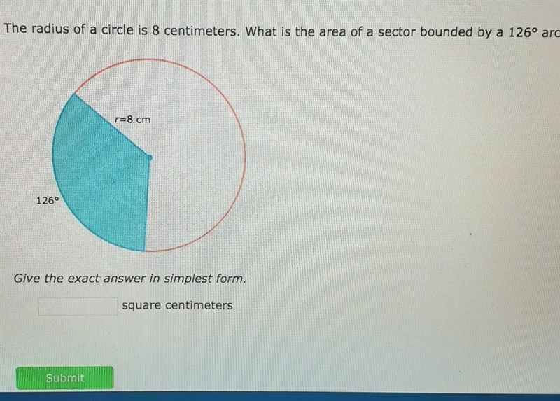 What is the area of a sector bounded by a 126 degree arc?-example-1