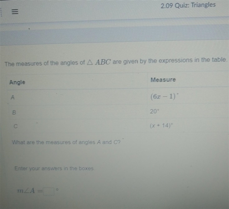 The measure of the angles of abc are given by the expressions in the table ​-example-1