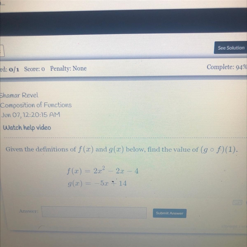 Given the definitions of f(x) and g(x) below, find the value of (gof)(1).f(x) = 2x-example-1