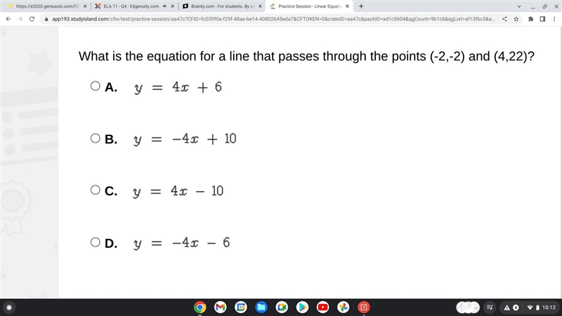 What is the equation for a line that passes through the points (-2,-2) and (4,22)?-example-1