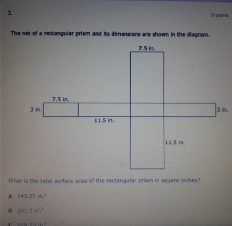 The net of a rectangular prism and its dimensions are shown in the diagram. 7.5 in-example-1