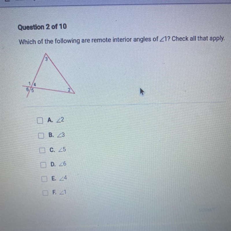 Which of the following are remote interior angles of 21? Check all that apply.6A. 22B-example-1