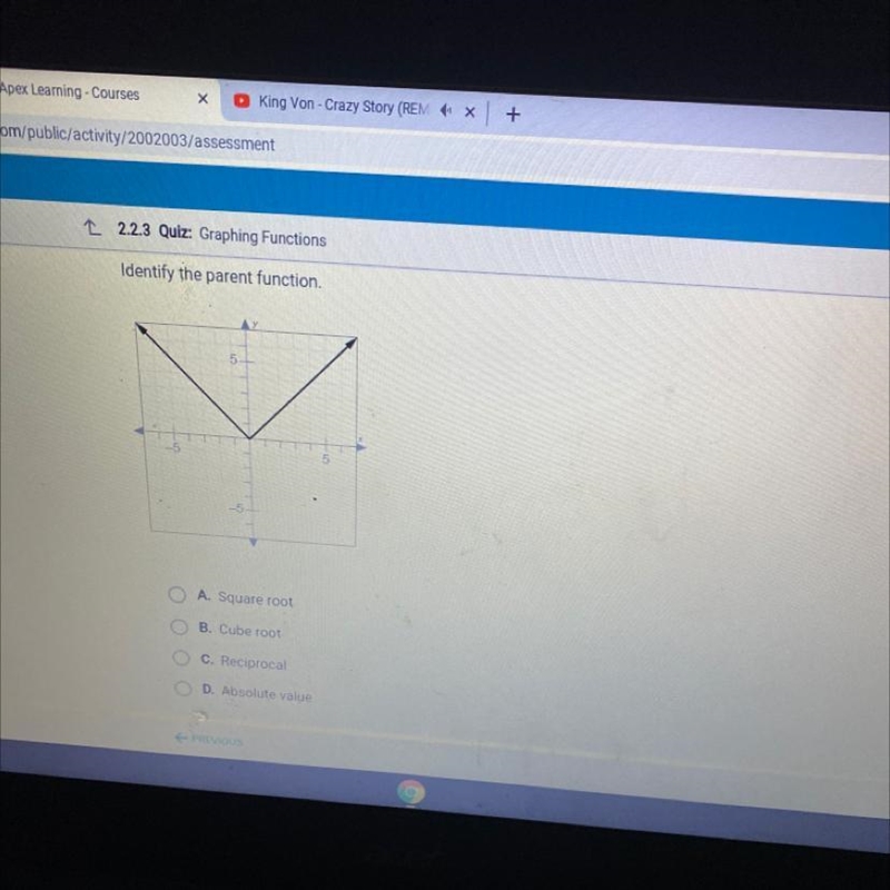 Identify the parent function.A. Square rootB. Cube rootC. ReciprocalD. Absolute value-example-1