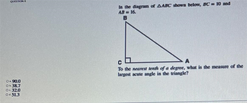 QUESTIONEIn the diagram of AABC shown below, BC = 10 andAB 16.BсTo the nearest tenth-example-1