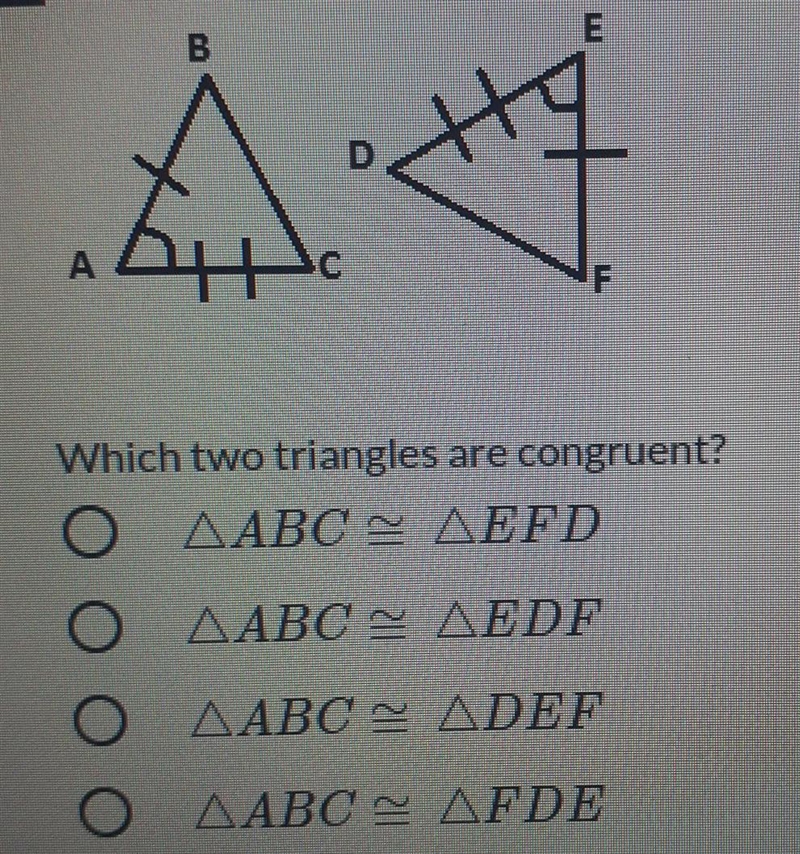 B Ε D A Ε Which two triangles are congruent? Ο ΔΑΒC ΔΕFD Ο ΔABC_ΔΕΡΕ Ο ΔΑΒC2 DEE Ο Ο ΔΑΒΟ ΔΕΡΕ-example-1