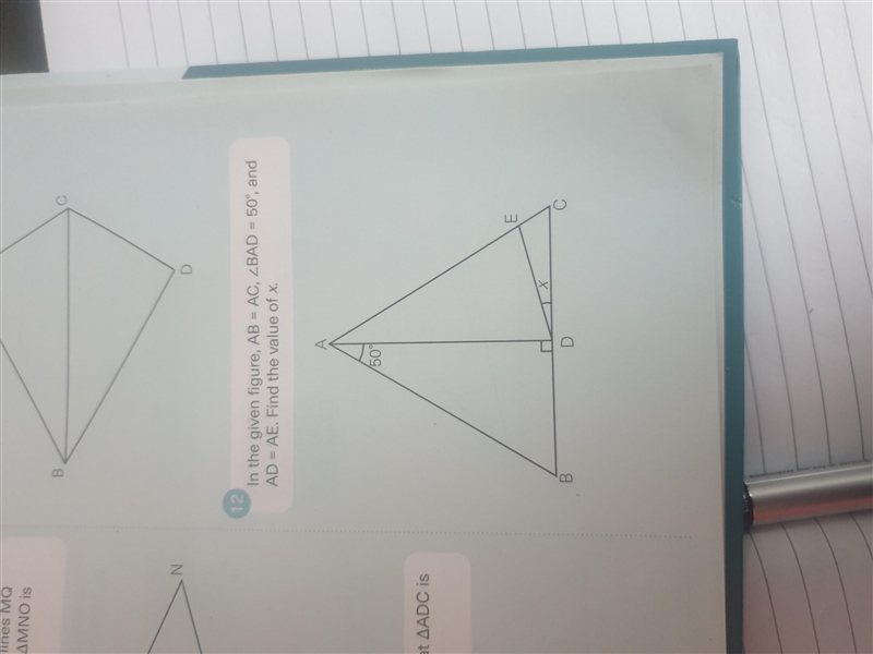 In the given figure AB = AC, BAD = 50 and AD = AE. find the value of x-example-1