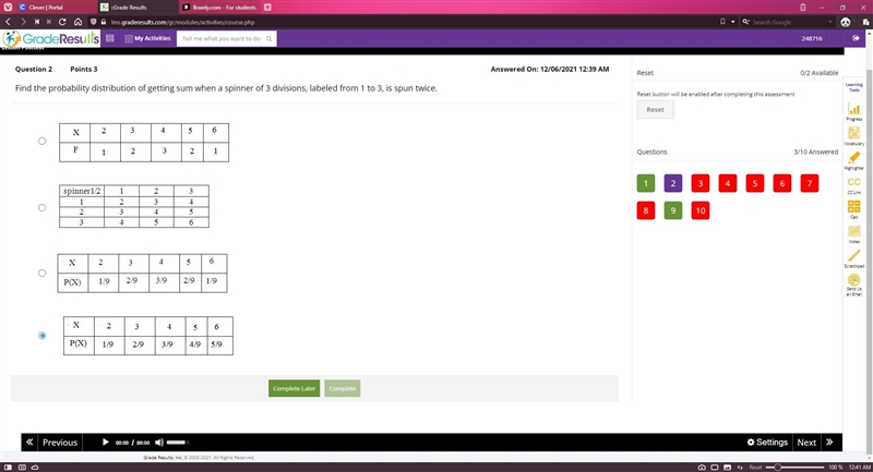 Find the probability distribution of getting sum when a spinner of 3 divisions, labeled-example-1