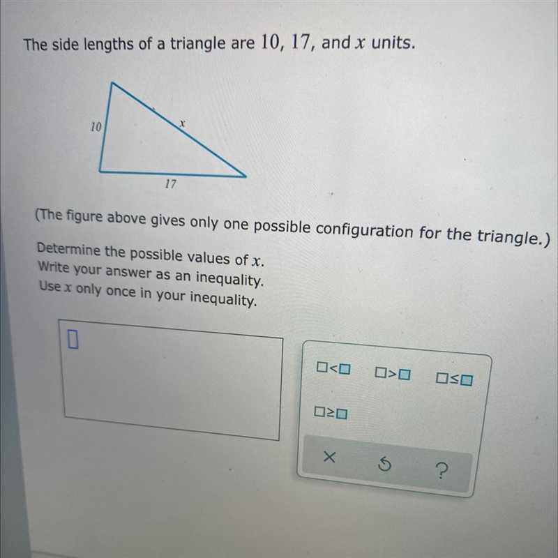 The side lengths of a triangle are 10, 17, and x units.1017(The figure above gives-example-1