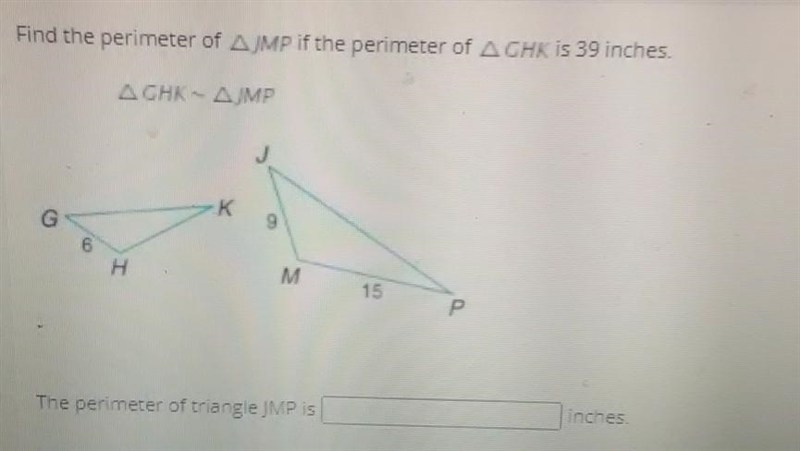 The perimeter of the triangle JMP is how many inches ?-example-1