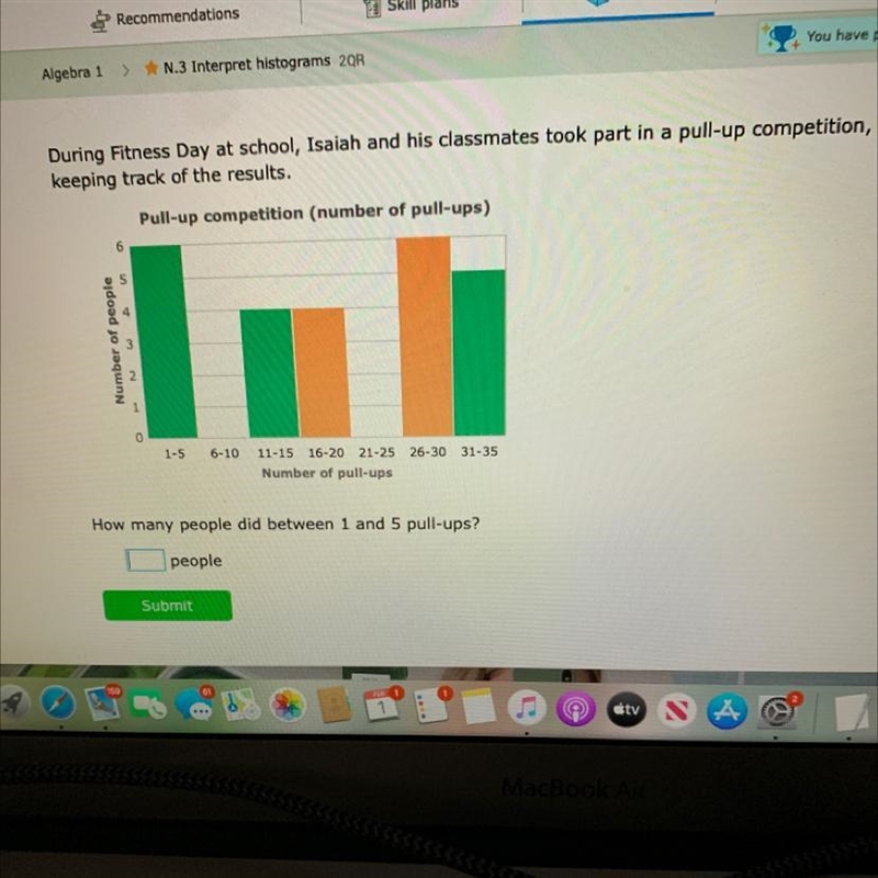 How many people did between one and five pull ups?-example-1