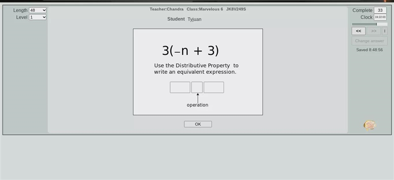 3(-n + 3)Use the Distributive Property towrite an equivalent expression.-example-1