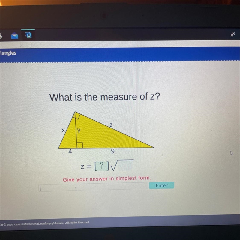 What is the measure of z?ZXly9z = [?] ✓Give your answer in simplest form.4-example-1