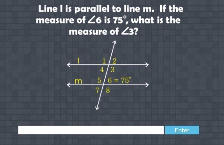 Line I is parallel to line m. If the measure of <6 is 75^ what is the measure of-example-1