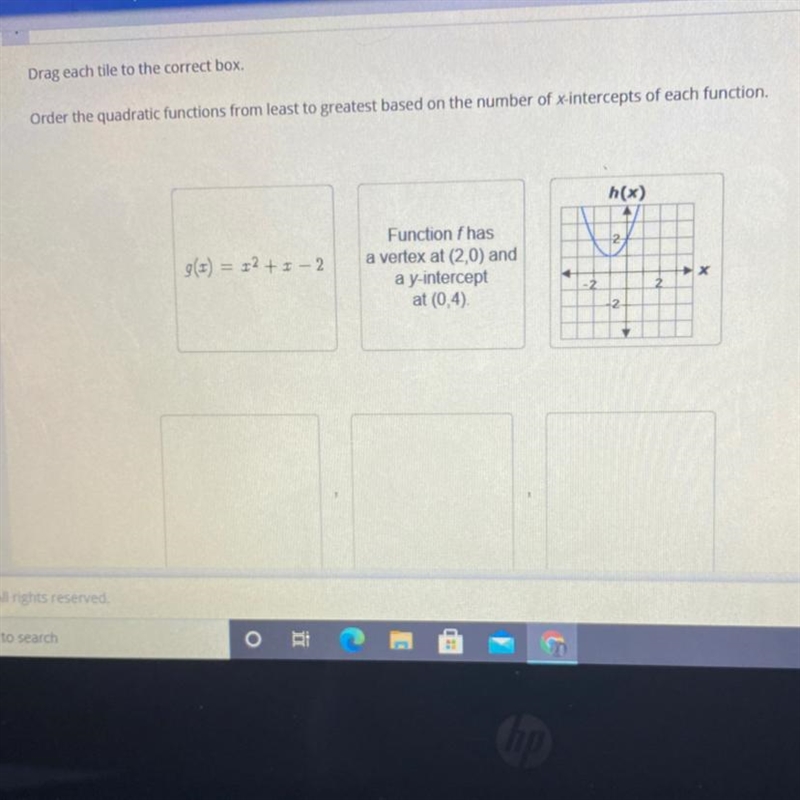 i need help putting these from least to greatest based on the number of x intercepts-example-1