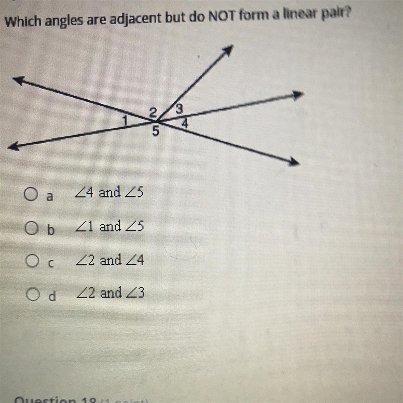 Which angles are adjacent and do NOT form a linear pair?-example-1