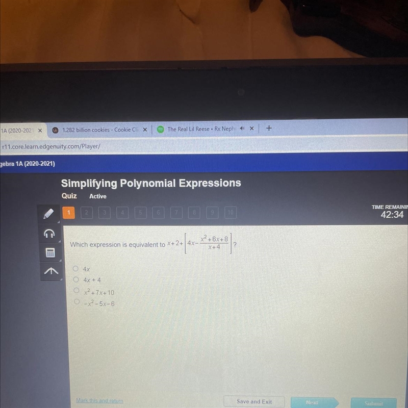 Which expression is equivalent to A:4x B:4x+4 C:x^2+7x+10 D:-x^2-5x-6-example-1