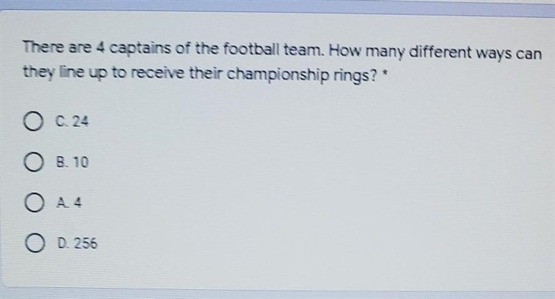 There are 4 captains of the football team. How many different ways can they line up-example-1