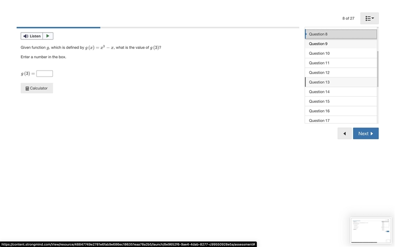 Given function g, which is defined by g(x)=x3−x, what is the value of g(3)?Enter a-example-1