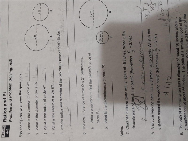 Use the figures to answer the questions. 1. What is the diameter of circle A ? 2. What-example-1