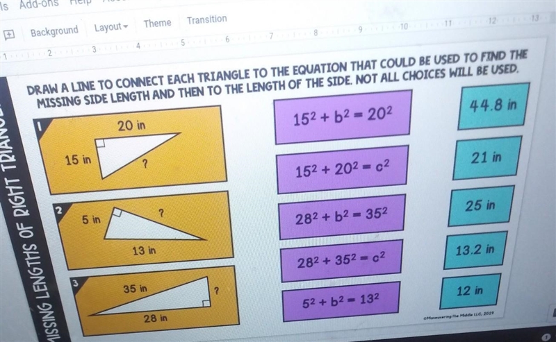 8 910 12 13 DRAW A LINE TO CONNECT EACH TRIANGLE TO THE EQUATION THAT COULD BE USED-example-1