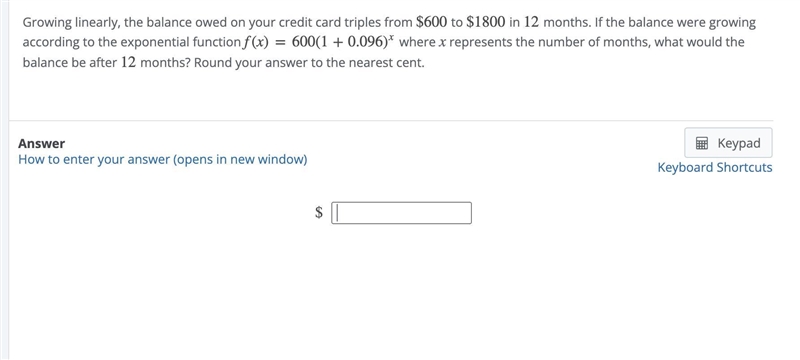 Growing linearly, the balance owed on your credit card triples from $600 to $1800 in-example-1