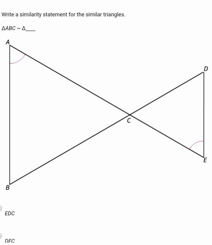 Write a similarity statement for the similar triangles.∆ABC ~ ∆____-example-1