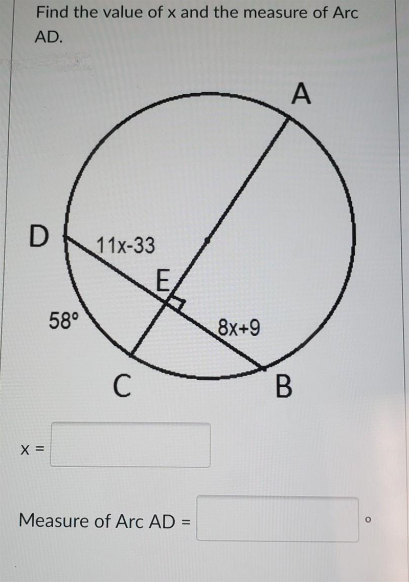 Find the value of x and the measure of Arc AD-example-1