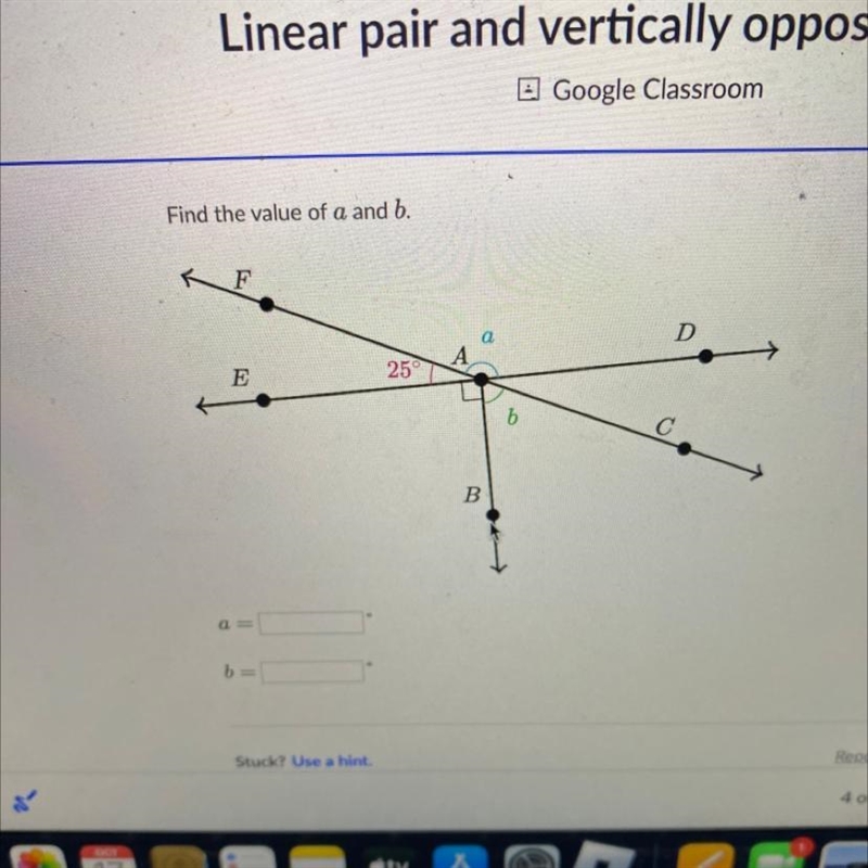 Find the value of a and b. K a= b= F E 25° A B b D C-example-1