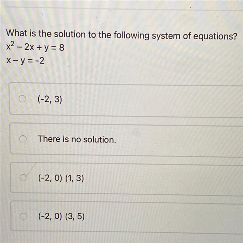 What is the solution to the following system of equations? x^2– 2x + y = 8 x-y=-2-example-1