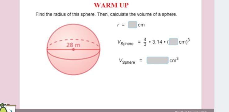 Find the radius of this sphere. Then calculate the volume of a sphere-example-1