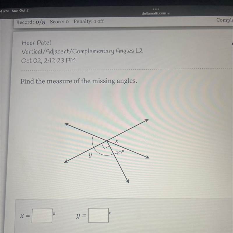 Find the measure of the missing angles. X = y = y 40°-example-1