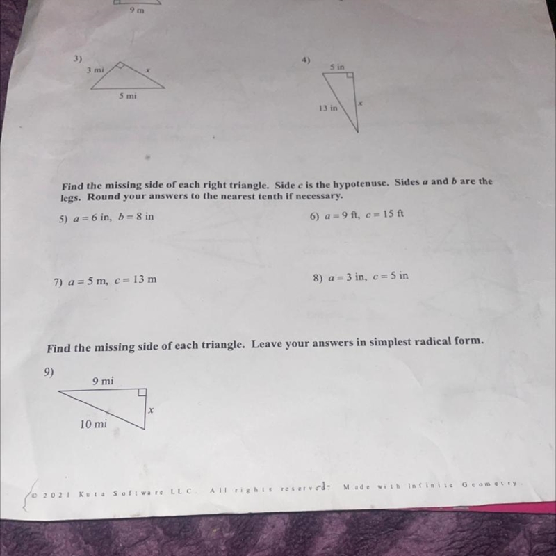 Homework: 4.2 Apply Pythagorean Theorem Date Find the missing side of each triangle-example-1