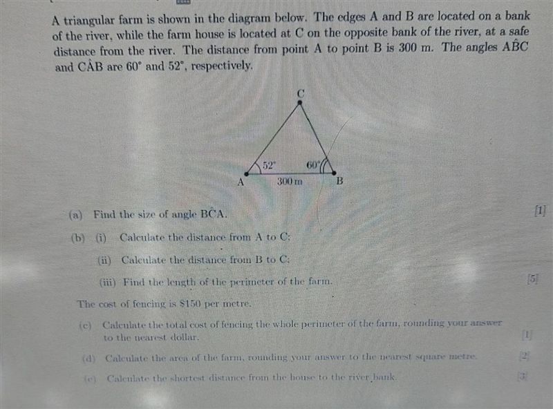 A triangular farm is shown in the diagram below. The edges A and B are located on-example-1